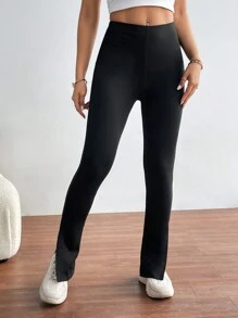 SHEIN Essnce Split Hem Solid Leggings - Black - View 5