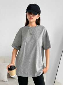 SHEIN Teen Girl Wave & Slogan Graphic Drop Shoulder Tee - Light Grey - View 5