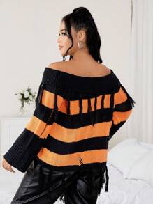 Calvaya Plus Striped Pattern Foldover Off Shoulder Fringe Trim Sweater Knit Pullover Fall Winter Sweater - Orange - View 2