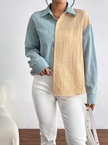 SHEIN Essnce 休閒前紐扣撞色女士襯衫 - 彩色 - 查看 6