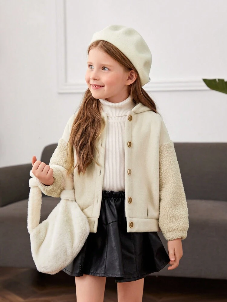 Young Girl Bear Doll Detail Teddy Panel Drop Shoulder Hooded Overcoat