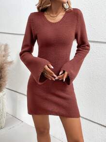 SHEIN Clasi Solid Flare Sleeve Sweater Dress - Coffee Brown - View 3