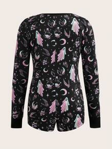 ROMWE Goth Moon & Star Print Half Button Romper - Multicolor - View 2