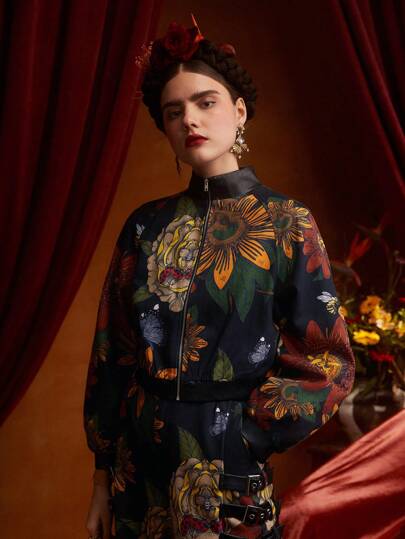 Frida Kahlo X SHEIN X Designer ISELACOS Floral & Butterfly Print Raglan Sleeve Jacket Designer, Festival