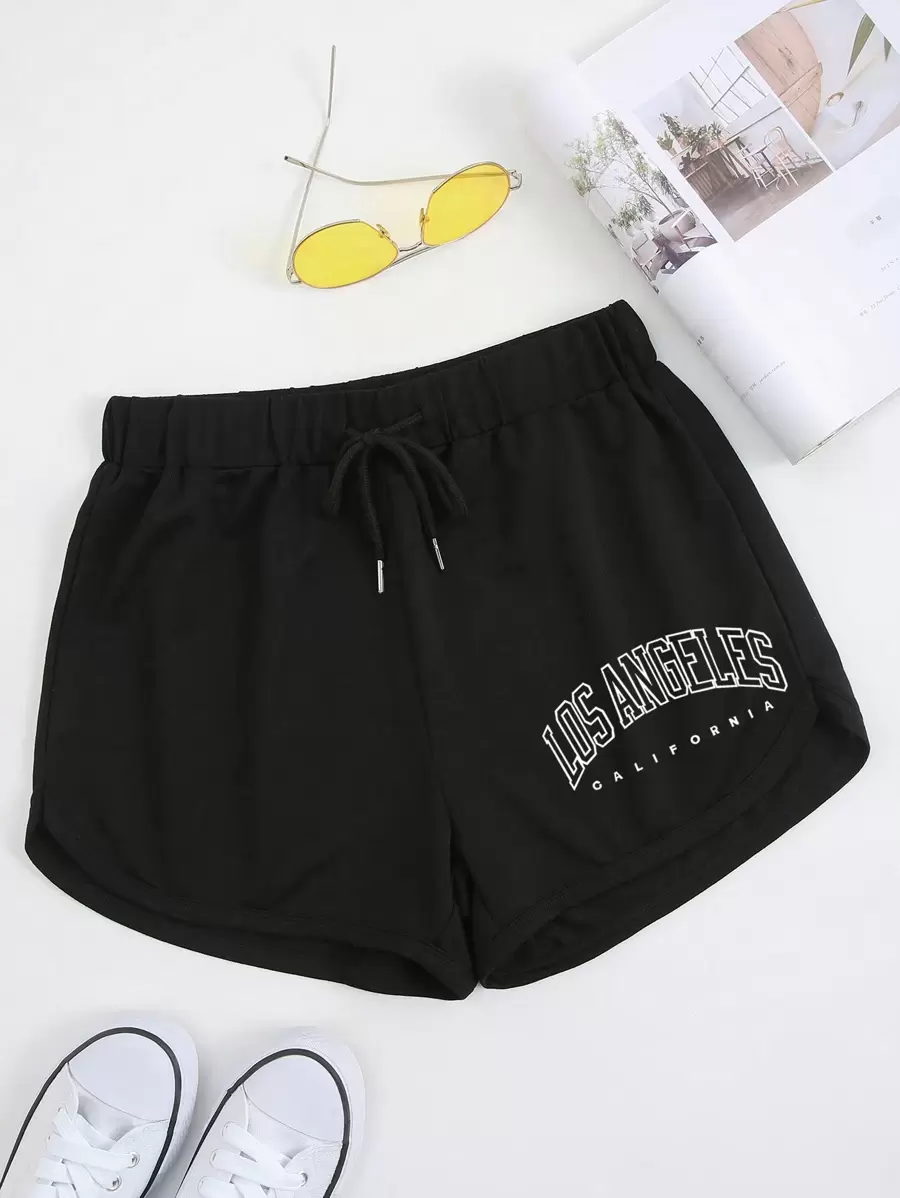 INAWLY Letter Graphic Drawstring Waist Track Shorts - Black - View 1