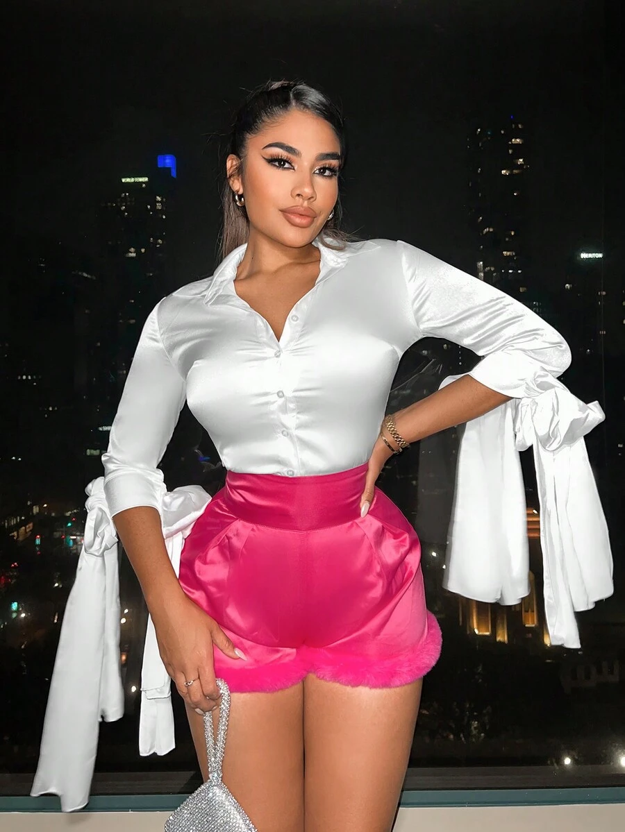 SHEIN SXY Enfärgat Knappar Framtill Knuten Ärm Satin Skjorta - Vitt - Visa 1