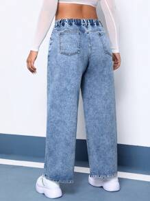 SHEIN EZwear Plus Butterfly Print Wide Leg Jeans - Light Wash - View 2