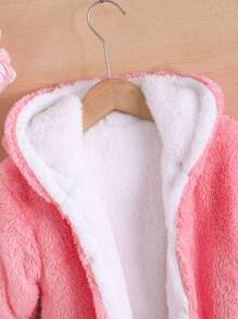 SHEIN Palton de pluș cu glugă cu două buzunare pentru fetiță, fără pulover - Roz - Vizualizare 3