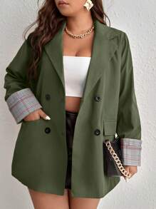 SHEIN Essnce Plus Áo khoác kẻ sọc đôi Cuff Cuff - xanh quân đội - Xem 1