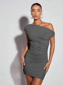 SHEIN BAE Asymmetrical Neck Ruched Bodycon Dress - Dark Grey - View 7