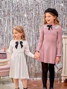 SHEIN Tween Girl Bow Front Sweater Dress - Pink - View 2