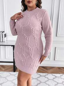 SHEIN Clasi Plus Pearls Beaded Cable Knit Sweater Dress, For Winter - Dusty Pink - View 3