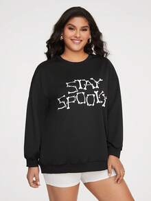 SHEIN Essnce Plus Letter Graphic Drop Shoulder Sweatshirt - Black - View 5