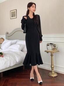 DAZY Solid Button Front Mermaid Hem Dress - Black - View 4