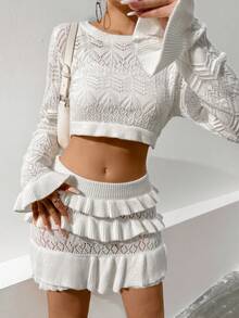 SHEIN Qutie Chất rắn Áo len Crop & Viền Ruffle Váy dệt kim - trắng - Xem 3