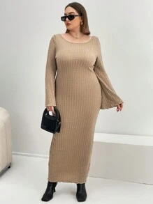 SHEIN Essnce 大碼素色喇叭袖緊身洋裝 - 卡其色 - 查看 3