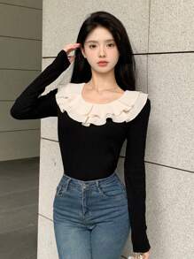 DAZY Blusa con volantes de contraste, ropa de otoño para mujer con manga larga