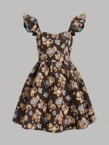 SHEIN 青少年女孩小熊印花荷葉邊背帶裙&印花網紗上衣 - 彩色 - 查看 7