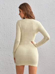 SHEIN VCAY Tassel Belted Bodycon Sweater Dress - Apricot - View 2