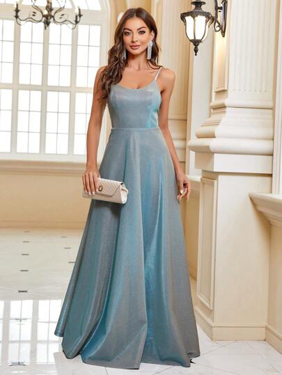 SHEIN Belle 闪光吊带礼服优雅舞会晚会婚礼宾客礼服，适合毕业典礼、晚宴派对礼服