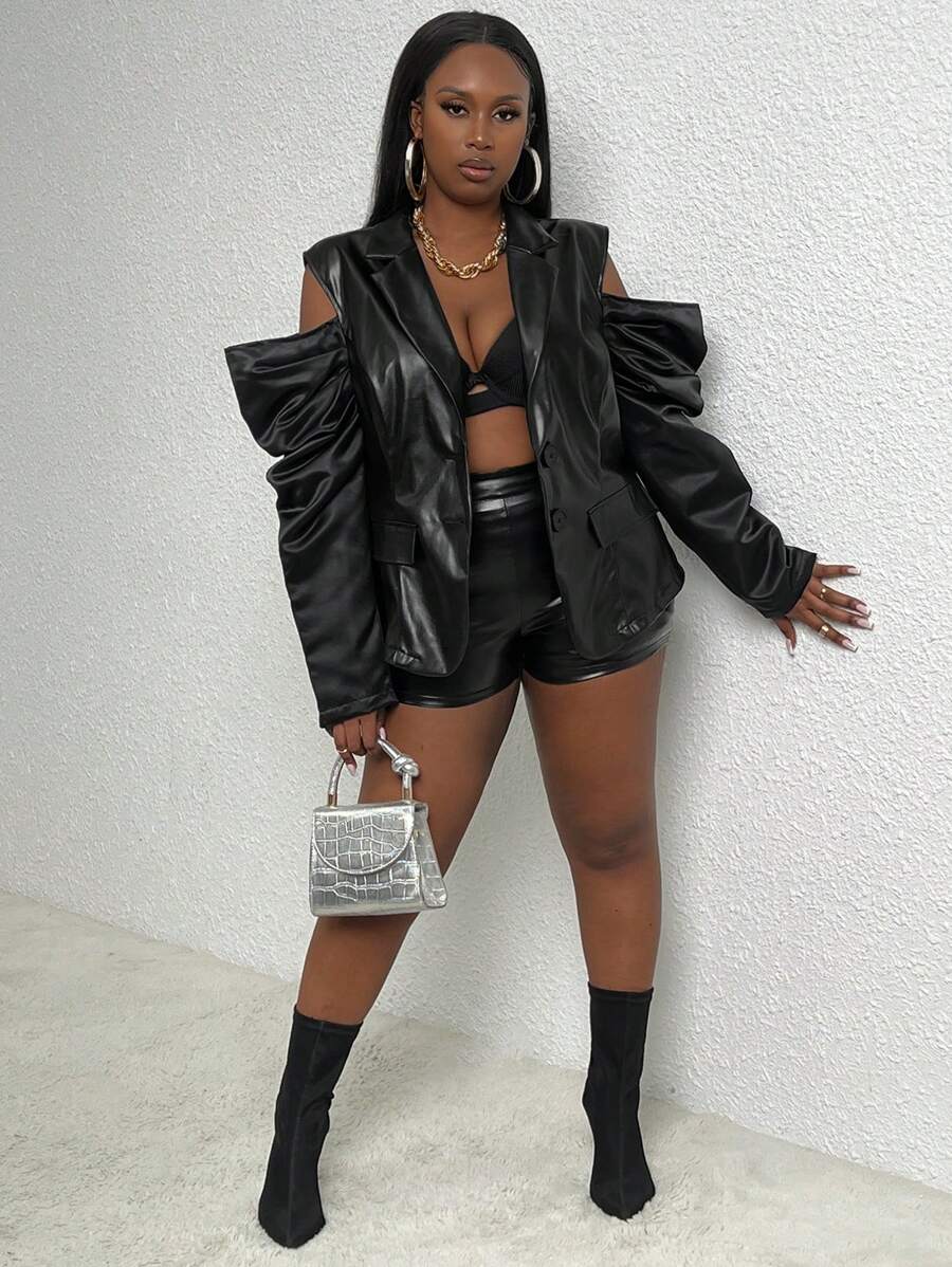 Slaydiva 大碼挖肩PU皮革西裝外套 - 黑色 - 查看 1
