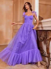 Tie Shoulder Ruffle Hem Mesh Bridesmaid Dress