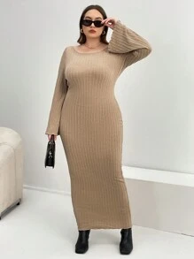 SHEIN Essnce 大碼素色喇叭袖緊身洋裝 - 卡其色 - 查看 4