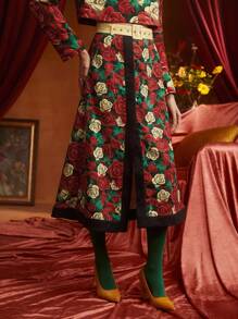 Frida Kahlo X SHEIN X Designer PANUCO Floral Print Split Hem Belted Skirt