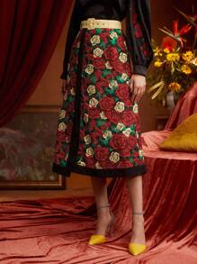 Frida Kahlo X SHEIN X Designer PANUCO Floral Print Split Hem Belted Skirt