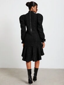 Claude Russell Vestido de cuello cisne de manga amplia bajo con fruncido - Negro - Ver 2