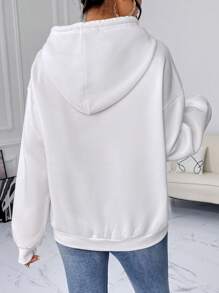 SHEIN EZwear 人像圖案落肩袖連帽衫 - 白色 - 查看 2