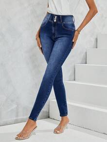 SHEIN LUNE Zipper Fly Skinny Jeans - Medium Wash - View 4