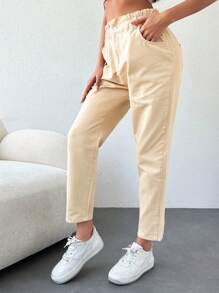 Cottnline Paperbag Waist Mom Fit Jeans - Màu be - Xem 4