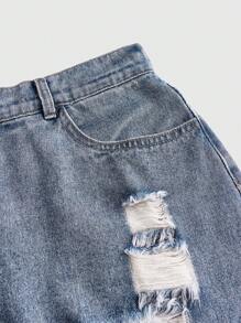 ROMWE Grunge Punk Vintage Casual Commute Women's Denim Skirt With Holes And A-Line Cut, Blue, Plus Size