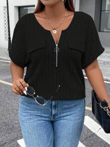 Calvaya Plus Half Zip Batwing Sleeve Tee - Black - View 1