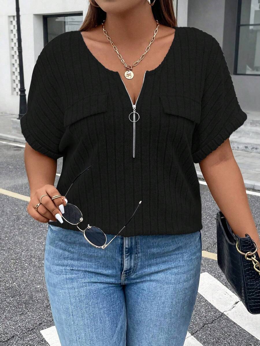 Calvaya Plus Half Zip Batwing Sleeve Tee - Black - View 1