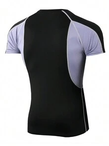 男士色塊拉幫袖運動T恤，男士壓力上衣 - 黑色 - 查看 2