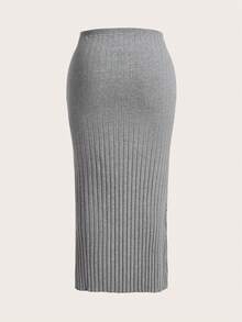 SHEIN EZwear 大碼素色條紋針織半身裙 - 灰色 - 查看 2