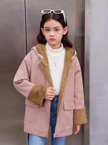 SHEIN Áo khoác trùm đầu thường ngày phong cách đại học cho bé gái tuổi mới lớn có lót nhiệt, mùa thu và mùa đông - Hồng - Xem 1