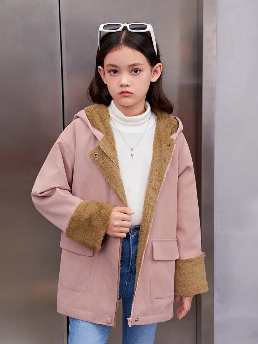 SHEIN Áo khoác trùm đầu thường ngày phong cách đại học cho bé gái tuổi mới lớn có lót nhiệt, mùa thu và mùa đông - Hồng - Xem 1