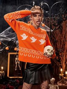 PUNK 万圣节图案落肩针织套头衫秋冬毛衣 - 彩色 - 查看 1