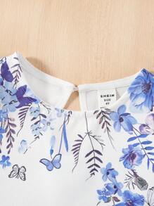 SHEIN Young Girl Floral Print Ruffle Trim Top & Paperbag Waist Belted Pants - Multicolor - View 3