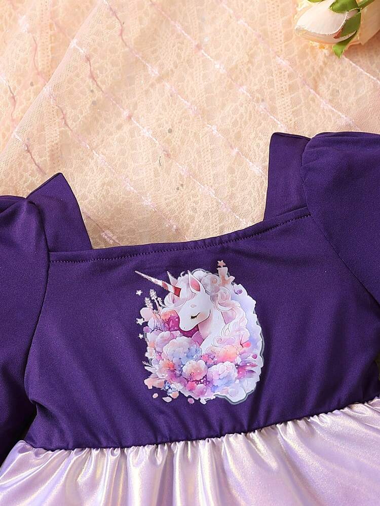 Baby Girl Unicorn Print Gigot Sleeve Ruffle Hem Dress
