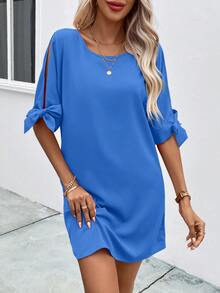 SHEIN Clasi Solid Knot Cuff Tunic Dress - Blue - View 4