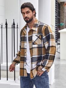 Manfinity Homme Men Plus Plaid Print Pocket Patched Shacket, Men Plaid Shirt, Brown Flannel, Flannel Shirt, For Fall Winter