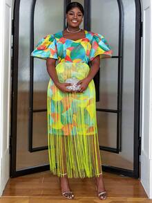 Hơn In Toàn bộ Viền rìa Đầm - Màu vàng - Xem 6