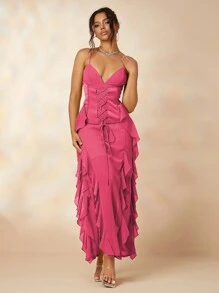 荷葉邊高衩吊帶連衣裙 - 西瓜粉 - 查看 4