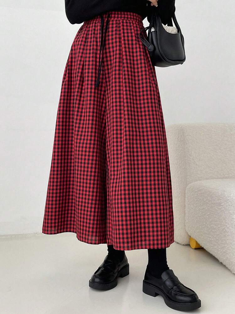 DAZY הדפס משובץ מותן שרוך מכנסיים מתרחבים - בורגונדי - ראה 1