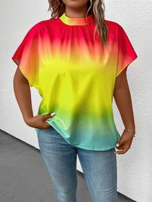 SHEIN LUNE Plus Ombre Batwing Sleeve Mock Neck Blouse - Multicolor - View 5