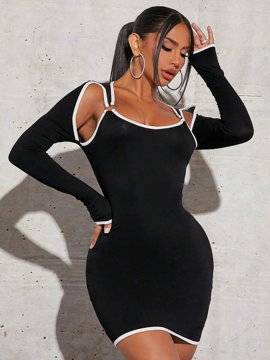 SHEIN SXY Contrast Binding Cut Out Bodycon Dress - Black - View 1